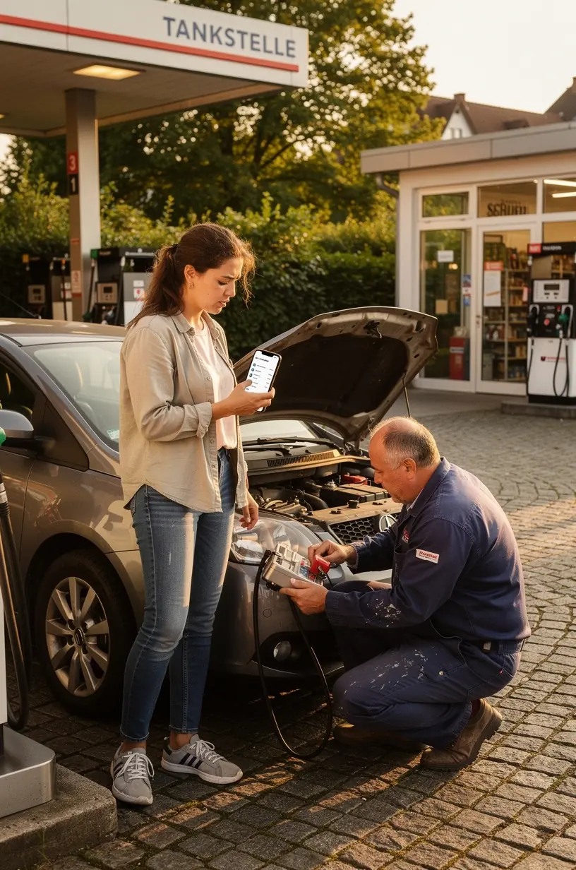 Nahaufnahme eines Reifens mit sichtbar beschädigtem Profil während einer Notfallreparatur am Auto